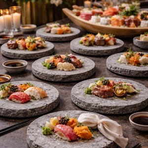 Puede incluir: Un plato de sushi bellamente presentado con varios nigiris y makis, servido en platos de piedra gris. El sushi incluye ingredientes coloridos como salmón, atún y aguacate, adornado con hierbas y caviar. Salsa de soja y palillos completan la escena.