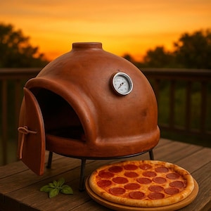 May include: A terracotta pizza oven with an open door, a thermometer, and a pepperoni pizza on a wooden board. The oven sits on a metal stand on a wooden table. The background is a sunset.
