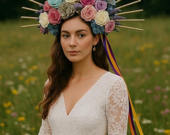 Handmade floral Rose Halo Crown with Gold Rays – Gothic Festival Headdress – Day of the Dead, Halloween, Cosplay & Photoshoot Accessory