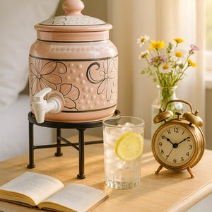 May include: A pink ceramic water dispenser with a floral design and a white spigot sits on a black metal stand. A glass of water with a lemon slice, a vintage alarm clock, and an open book are on a wooden table.