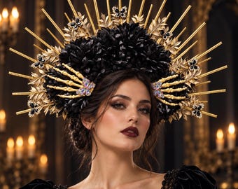 Handmade Black & Gold Catrina Halo Crown with Skeleton Hands – Day of the Dead Gothic Headpiece– Festival, Wedding, Day of the Dead, Photos