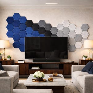 Puede incluir: Salón moderno con un televisor grande sobre una consola de madera. La pared presenta una disposición decorativa de paneles hexagonales que absorben el sonido en tonos azules, grises y negros. Dos sofás y lámparas completan el elegante interior.