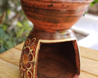 Anafre rough use, Mexican clay warmer, Mexican buffet hotel food warmer decorated in flower hand painted red wine color
