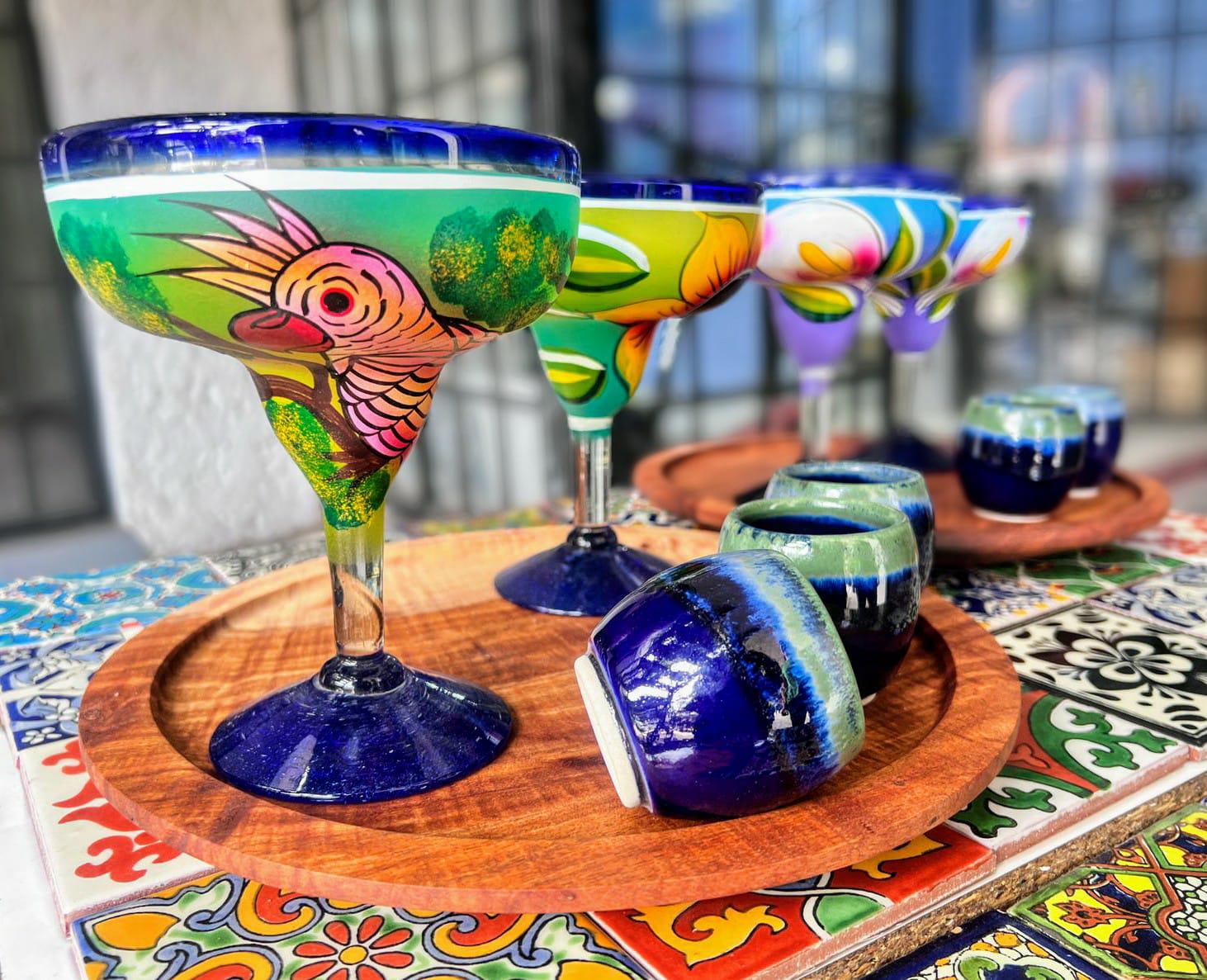 Hand-painted Margarita Set – 4 Blown Glass Goblets, 4 Ceramic Tequila Shots, 2 Wood Trays – Mexican Fiesta Barware