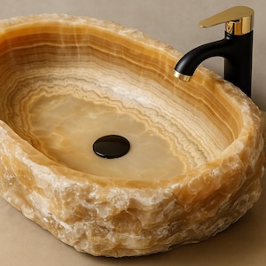 Large Natural Onyx Stone Vessel Sink – 23x17 Inch Hand-Carved Bathroom Basin, Unique Luxury Vanity Bowl