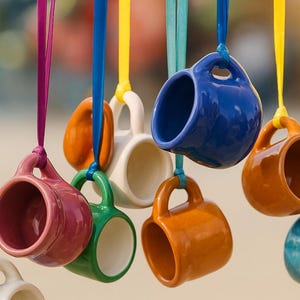 May include: A collection of small, colorful ceramic mugs suspended by ribbons. The mugs are in various colors, including blue, orange, green, and pink. The ribbons are in matching and contrasting colors.