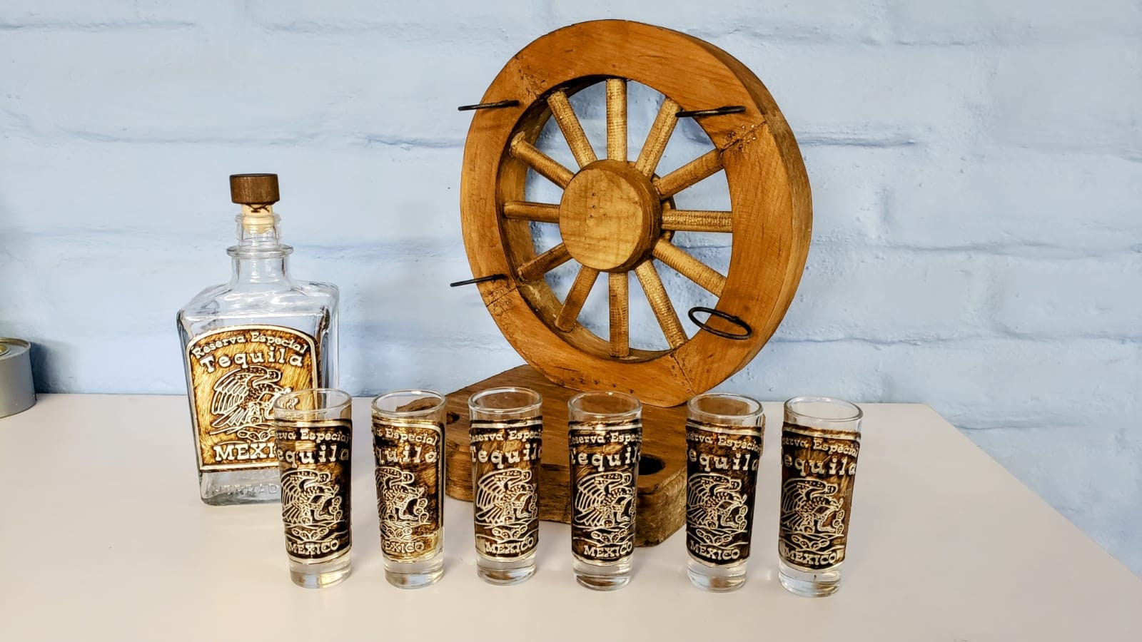 Vintage Mexican Style Rustic Wooden Roulette With Bottle Gun and 6 