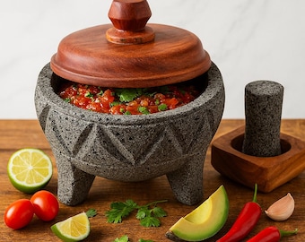 Handcrafted 10" Volcanic Stone Molcajete with Wooden Lid – Handcrafted in Mexico – Authentic Mexican Mortar