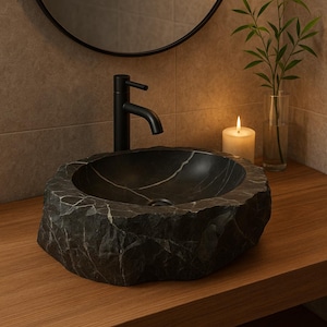 Black Marble Vessel Sink – Handcrafted Stone Basin – Luxury Organic Modern Bathroom Décor