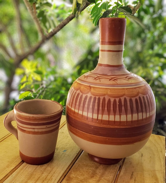 Beautifully Hand Painted Mexican Folk Art Large Clay Water Jug