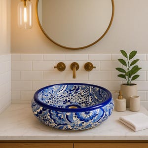 Talavera Ceramic Sink 15'' – Hand-Painted Mexican Vessel Sink for Bathroom – Blue Floral Basin – Unique Washbasin for Modern or Rustic Decor