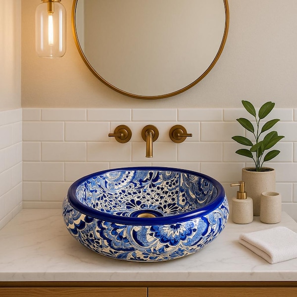 Talavera Ceramic Sink 15'' – Hand-Painted Mexican Vessel Sink for Bathroom – Blue Floral Basin – Unique Washbasin for Modern or Rustic Decor