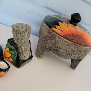 authentic Volcanic Stone Molcajete 8in with Sunflower Talavera Lid - Includes Spoon and Accessories