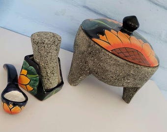 authentic Volcanic Stone Molcajete 8in with Sunflower Talavera Lid - Includes Spoon and Accessories