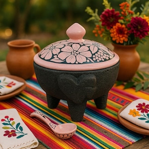 Set di mortaio e pestello in pietra vulcanica artigianale di alta qualità con coperchio Talavera rosa per guacamole e salsa.