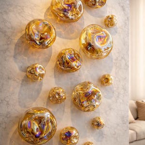 Luxury Amber Glass Wall Art, Hand Blown Glass Wall Sculpture, Modern Abstract Wall Decor, Iridescent Statement Wall Installation, Mid Centur