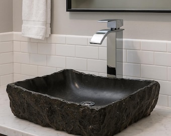 Luxury Black Stone Vessel Sink – 19.7 x 15.7 x 3.9 Inches (50x40x10 cm) Rectangular Bathroom Vanity Basin, Modern Natural Rock Wash Bowl