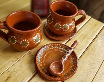 Set 2 handmade cup, saucer and spoon/cup for coffee, champurrado, hot chocolate, Mexican clay cup