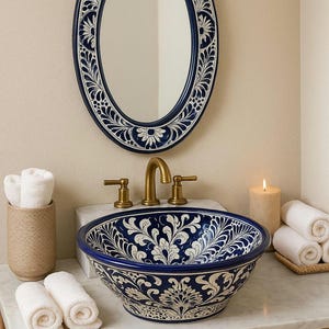 Handcrafted Talavera Sink Mirror Set – Premium Blue & White Mexican Ceramic | Luxury Bathroom Vanity Basin Wall Mirror | Unique Artisan