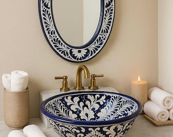 Handcrafted Talavera Sink Mirror Set – Premium Blue & White Mexican Ceramic | Luxury Bathroom Vanity Basin Wall Mirror | Unique Artisan