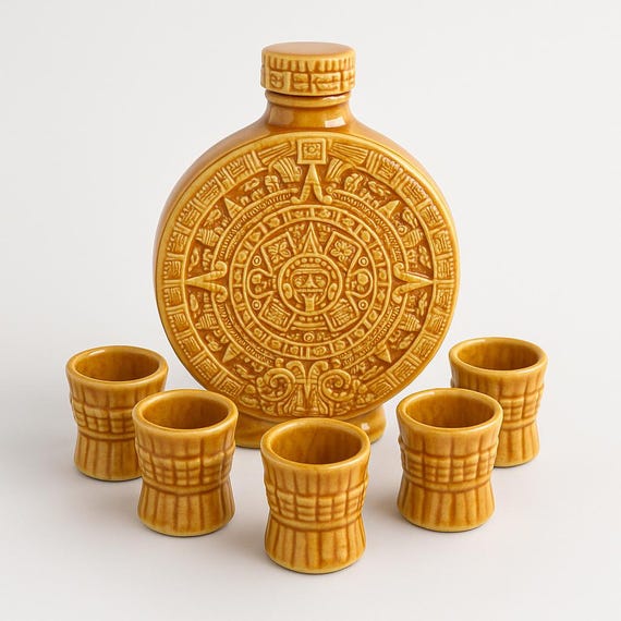 Aztec Tequila Set – Handmade Ceramic Decanter With Sun Stone