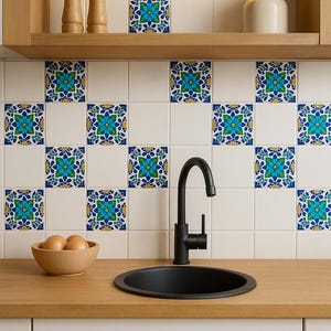 Handmade Mexican Talavera Ceramic Tile Set – 50 pcs 4″×4″ (25 Blue Floral & 25 Plain White) – Decorative Backsplash, Bathroom, Stair Risers