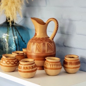Handmade clay jug with lid, clay glass, 6 small jugs, improve your health natural water