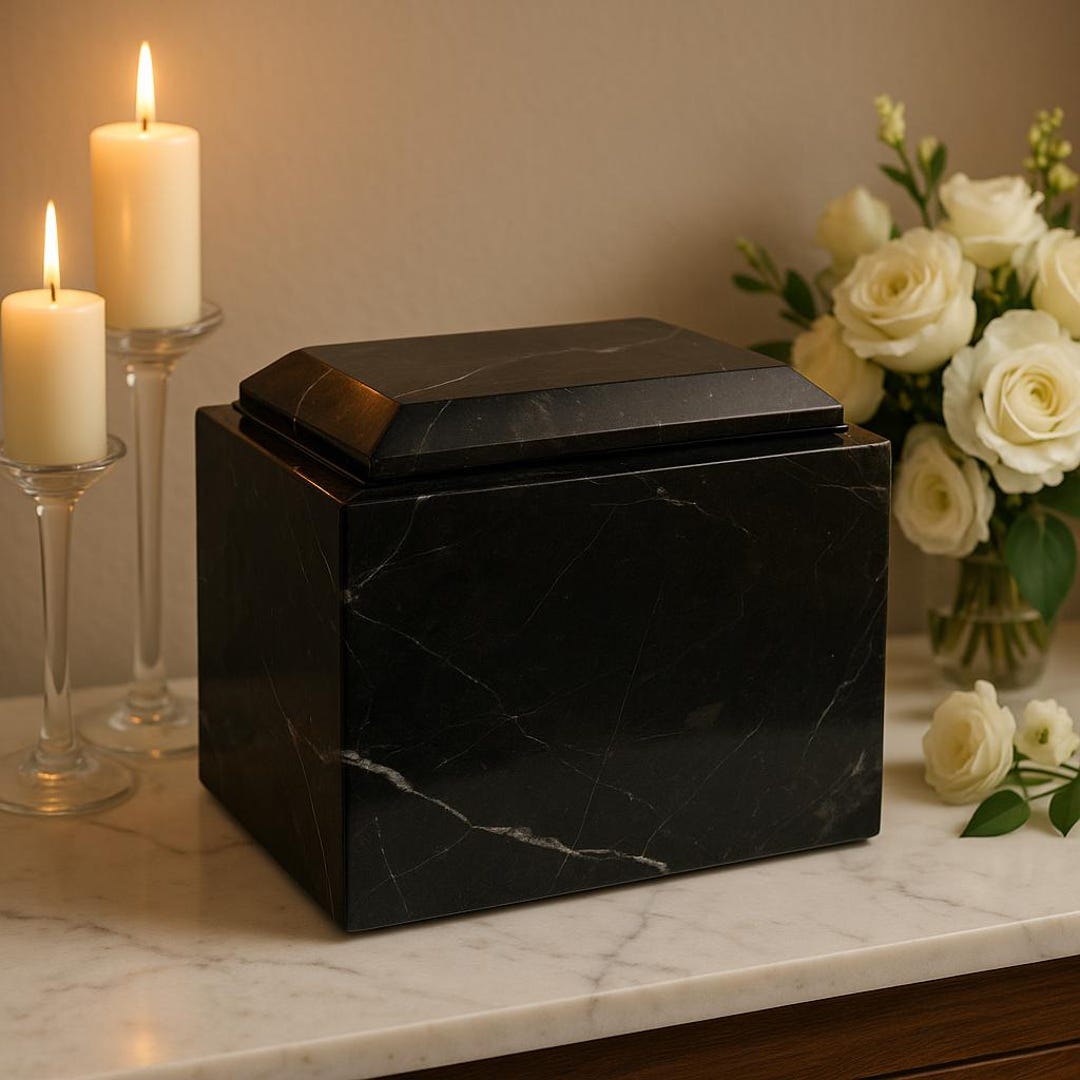 Stone Cremation Box Black Marble Cremation Urn – 8.5” X 7” Handcrafted Memorial Box ...