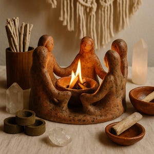 May include: A terracotta-colored ceramic incense burner with five figures surrounding a central bowl with burning incense. The figures are connected at the hands. Incense sticks, crystals, and small bowls are arranged around the burner. The flame is bright.