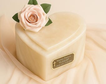 Lyxig Onyx-hjärturna – Handgjord stenkremeringsminnessak 23 x 23 x 8,5 cm | Elegant hjärtformad minneslåda