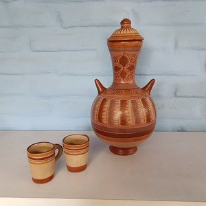 Natural lead-free clay decanter, 2 tall glasses included, improve your health natural water, tabletop jug