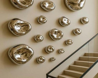 Modern Mirror Wall Art Set – Hand-Blown Silver Glass Pebble Sculptures, Organic Shapes for Luxury Minimalist Home Décor