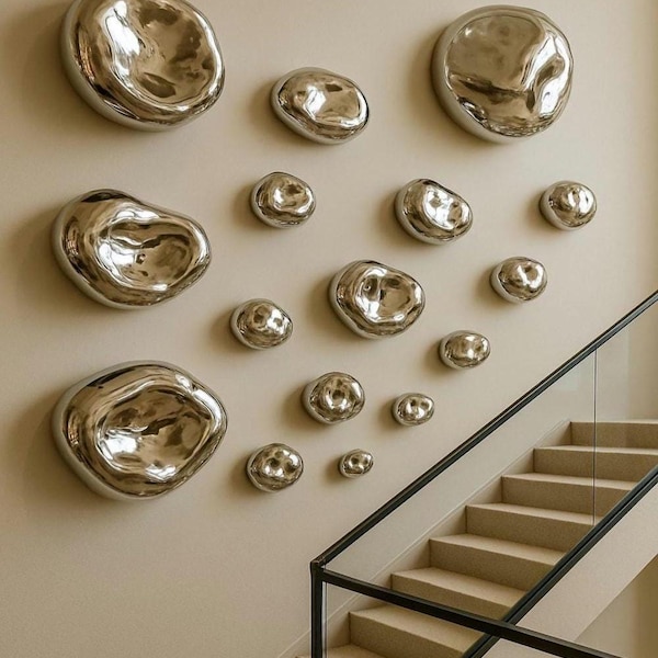 Modern Mirror Wall Art Set – Hand-Blown Silver Glass Pebble Sculptures, Organic Shapes for Luxury Minimalist Home Décor