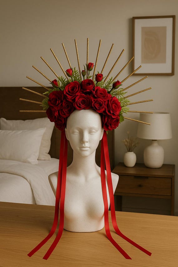 Red Rose Halo Crown – Handmade Floral Headpiece With Golden 
