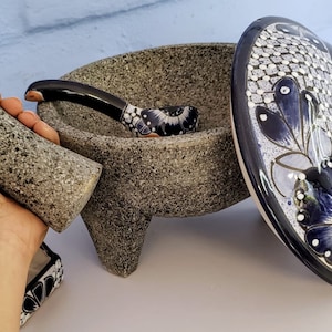 Traditional volcanic stone molcajete with lid 8in mortar and pestle volcanic stone talavera, super bowl
