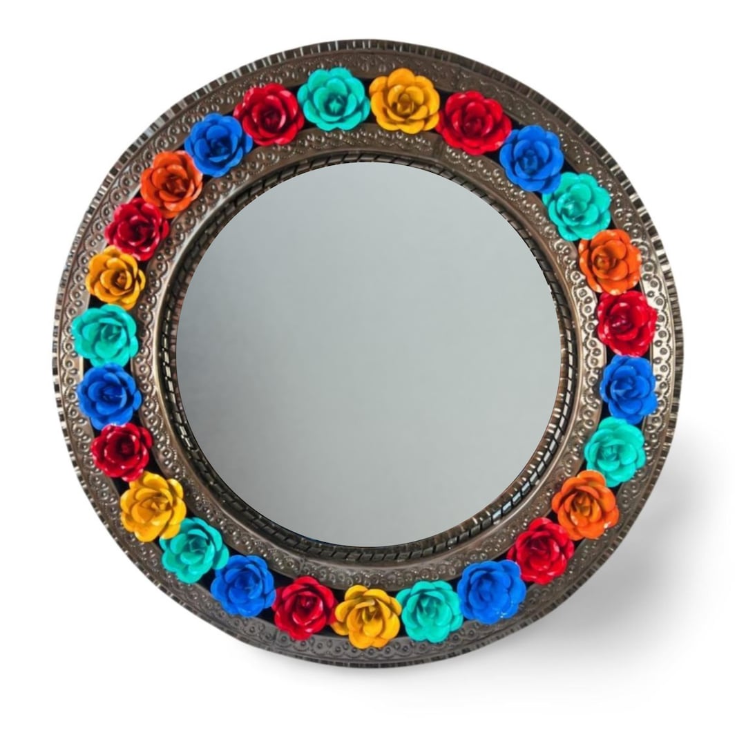 ハンドメード刺繍デザインの円形ミラー メキシコ製ハンドメイドアルミミラー - 26インチ円形壁飾り、彫刻され