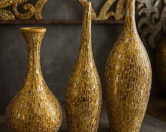 Set 3 Elegant Gold Mosaic Vases – Modern Home Accent Set for Entryway Styling & Interior Décor