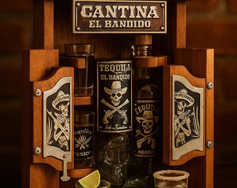 Father’s Day Tequila Gift – Wooden “Cantina El Bandido” Mini Bar with Shot Glasses | Rustic Home Bar Decor for Dad