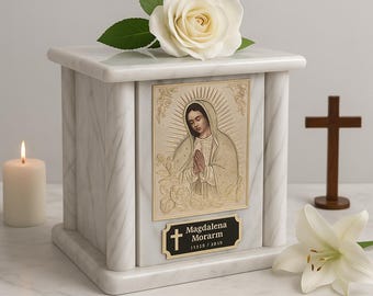 Virgen de Guadalupe marmorurna • 21 cm (8,3 tum) vuxenurna • Tillverkad i Mexiko • Katolskt minnesmärke, religiöst minnesmärke