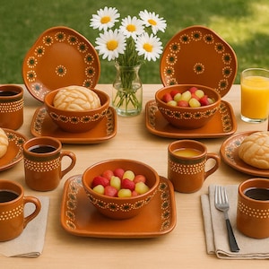 May include: A table setting featuring terracotta-colored ceramic tableware. The set includes plates, bowls, mugs, and saucers, adorned with a floral pattern. The table is set with bread, fruit, and a glass of orange juice. A vase of daisies is in the center.