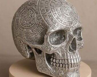 Teschio azteco 7", decorazione teschio azteco cromato - teschio metallico con calendario Maya fatto a mano - arte gotica cyberpunk per la casa o l'altare