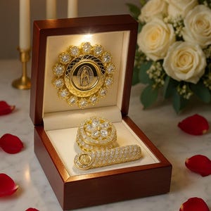 Puede incluir: Un conjunto religioso dorado en una caja de madera, con un medallón central rodeado de piedras brillantes. El conjunto incluye una pieza redonda y un objeto cilíndrico, todos adornados con adornos similares. Pétalos de rosa rojos y velas encendidas completan la presentación.