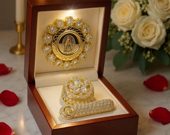 Arras de Lujo Virgen de Guadalupe / Luxury Wedding Coins – Estuche Caoba LED • Regalo Novios / Bridal Gift