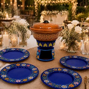 Peut inclure: Un pot en terre cuite marron avec couvercle repose sur un support en céramique bleu orné de motifs floraux jaunes et rouges. Quatre assiettes bleues assorties aux bordures florales multicolores sont disposées sur une table avec des serviettes.