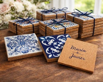 Personalized Talavera Tile Coasters with Cork Back – Mexican Azulejo Drink Coasters – Custom Wedding Favors – Handmade Ceramic Coasters