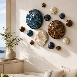 Modern Mirror Wall Art Set and-Blown Silver Glass Pebble Sculptures, Shapes for Luxury Minimalist Hand Blown Glass Wall-Curated Color Mixes