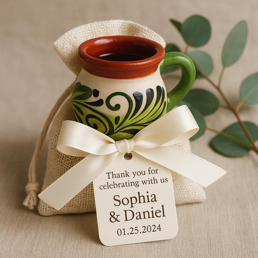 Hand-Painted Mexican Clay Jarrito Shot Mug Place Card Holders – Boho Chic Wedding Favors & Table Decor 3inches