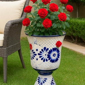 Large Talavera Ceramic Planter with Pedestal – Handmade Blue & White Mexican Pot for Indoor or Outdoor Luxury Home Décor 21 inches