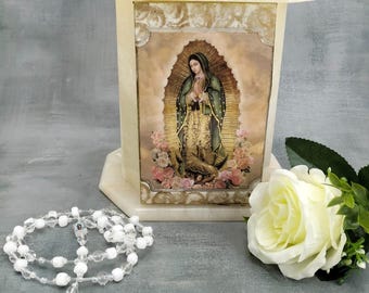 Virgin Onyx-urna • 7,5 tums vuxenurna • Tillverkad i Mexiko • Katolskt minnesmärke, religiöst minnesmärke, Virgen de Guadalupe-urna
