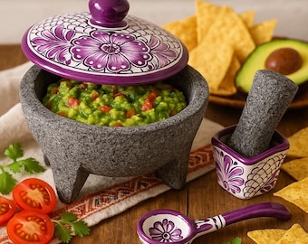 Talavera Molcajete with Lid & Pestle – Handmade Mexican Stone Mortar for Guacamole, Purple Floral Talavera Kitchen Decor